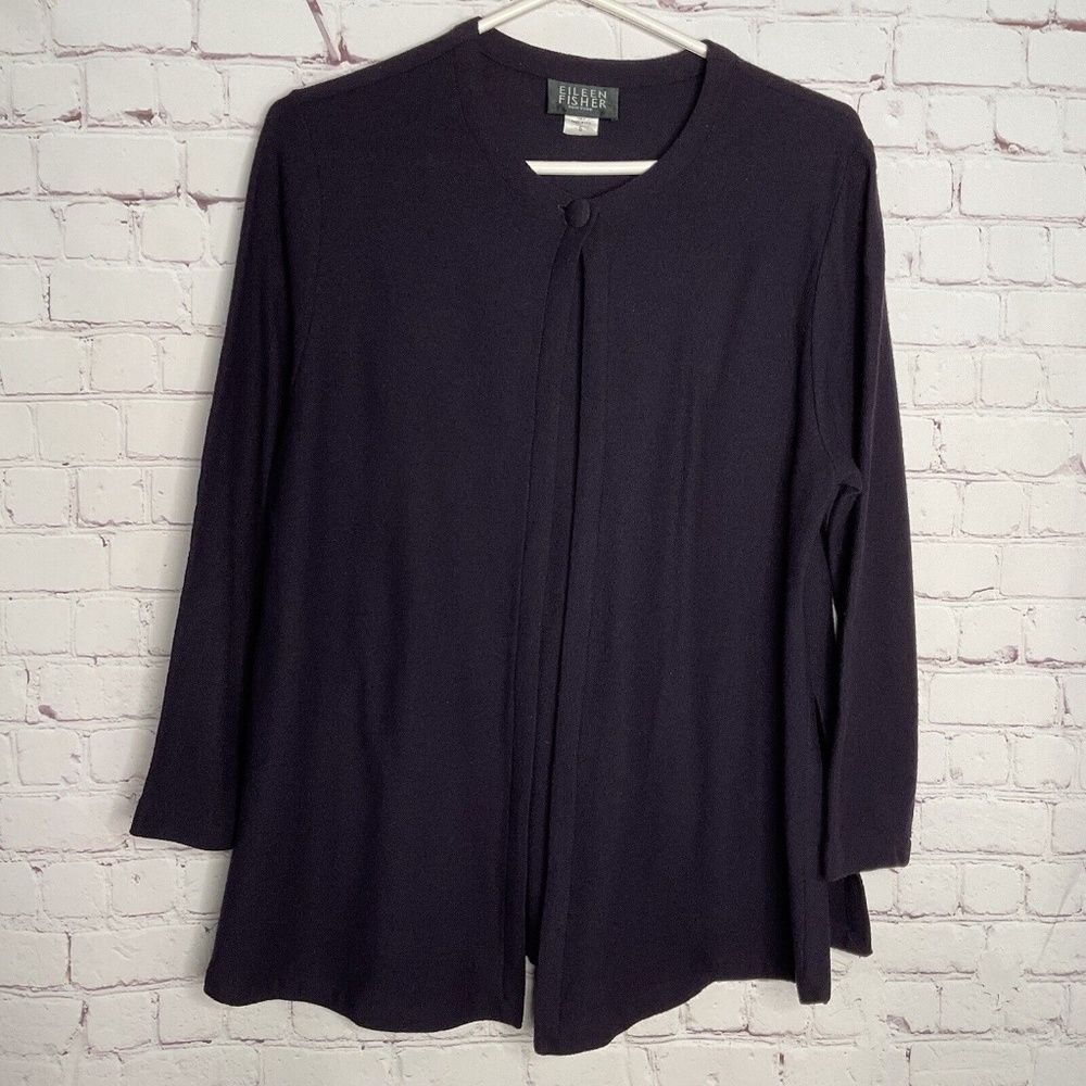 Eileen Fisher 100% Wool Long Sleeve One Button Cardigan Women Size S Purpl/Black